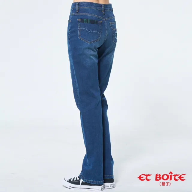 【BLUE WAY】女裝 格子補丁高腰丹寧 直筒褲 牛仔褲-ET BOiTE 箱子