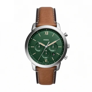 【FOSSIL】Neutra 美式摩登三眼計時手錶 棕色真皮錶帶 44MM(FS5963)