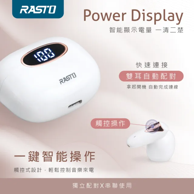 【RASTO】RS46 真無線藍牙耳機(雙耳自動配對/來電接聽/單耳可用)