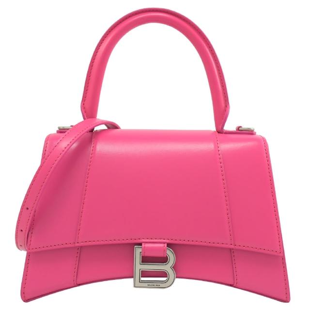 【Balenciaga 巴黎世家】Hourglass 金屬品牌B字荔枝牛皮手提兩用包沙漏包(亮桃)
