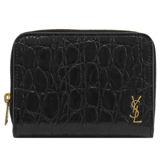 【YSL】簡約燙金LOGO鱷魚紋牛皮雙面釦式零錢短夾(黑)