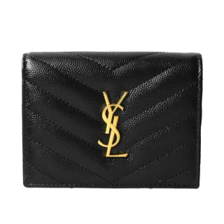 【YSL】SAINT LAURENT Cassandre 荔枝皮 V型牛皮 翻蓋 短夾 卡夾 零錢包 皮夾 短夾 黑色 金色