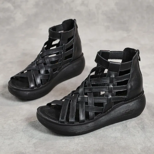 【Vecchio】真皮涼鞋 厚底涼鞋/真皮經典縷空交叉線條鬆糕厚底羅馬涼鞋(黑)