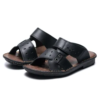 【Leon Chang 雨傘】-官方直營-皮匠工藝魔鬼氈真皮拖鞋-黑