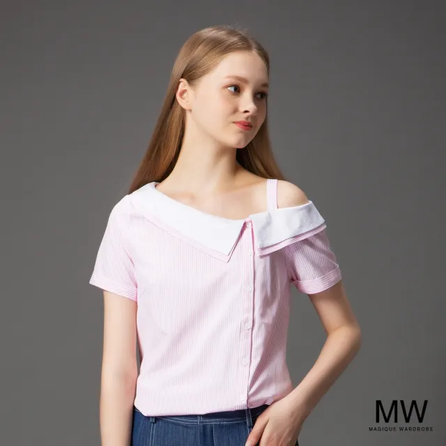 【MAGIQUE WARDROBE】斜肩吊帶條紋上衣(2色)