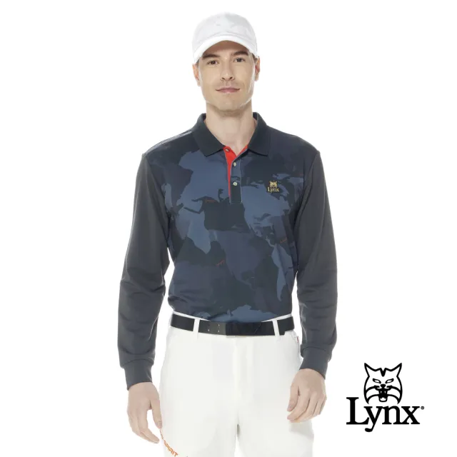 【Lynx Golf】男款遠紅外線功能保暖右肩針織帶剪接地圖印花設計長袖POLO衫(二色)