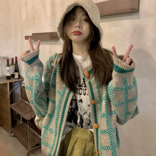 【AS 梨卡】氣質寬鬆印花撞色圖騰圓領格紋條紋毛衣長袖針織衫外套DR352