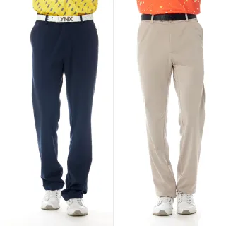 【Lynx Golf】男款日本進口布料保暖舒適後腰LOGO織帶隱形拉鍊造型平口休閒長褲(二色)