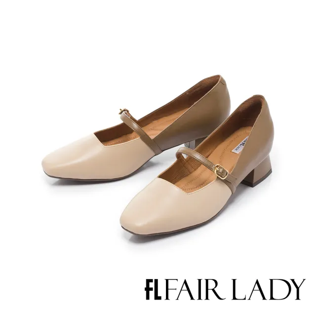 【FAIR LADY】芯太軟  撞色拼接方頭繫帶瑪莉珍鞋(復古杏、602584)