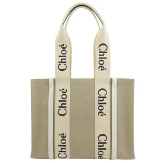 【Chloe’ 蔻依】Woody 經典品牌LOGO織帶個性帆布肩背托特包(米/白 中)