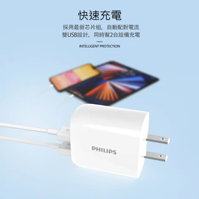 【Philips 飛利浦】10.5W 雙USB 2孔 全球通用旅充(DLP4332N)