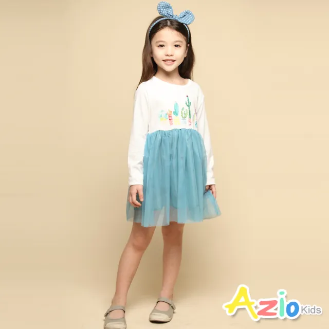 【Azio Kids 美國派】女童 洋裝 仙人掌盆栽印花網紗長袖洋裝(藍)