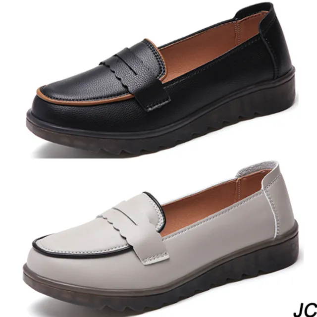 【JC Collection】牛皮舒適透氣減齡輕量滾邊線條豆豆鞋懶人休閒鞋(黑色、灰色)