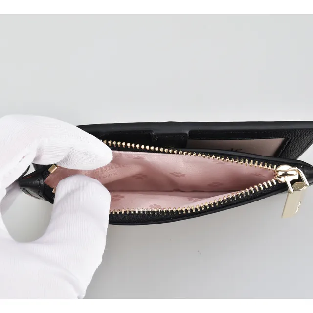 【KATE SPADE】Kate Spade SPENCER金字LOGO炙熱紅唇PVC 6卡拉鍊釦式零錢包(黑)