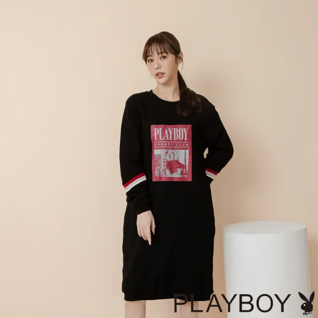 【PLAYBOY】羅紋拼接相片印洋裝(黑色)