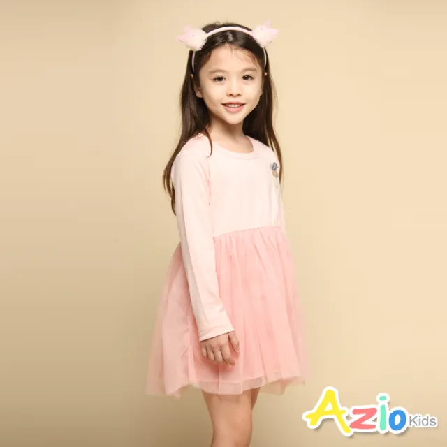 【Azio Kids 美國派】女童 洋裝 立體鳳梨貼布網紗長袖洋裝(粉)