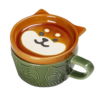 【樂陶陶】日式柴犬帶蓋陶瓷馬克杯-300ML(水杯 咖啡杯 陶瓷杯 牛奶杯 早餐水 甜點碟 零食碟 下午茶杯)