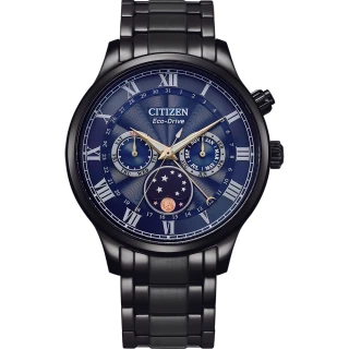 【CITIZEN 星辰】GENTS 光動能 月相顯示不鏽鋼腕錶 - 藍面x黑 / 42mm(AP1055-87L)