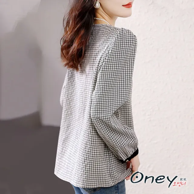 【ONEY 歐妮】● 時尚氣質V領格紋雪紡襯衫(長袖/經典格紋/綁帶Ｖ領/休閒穿搭/售完不補)