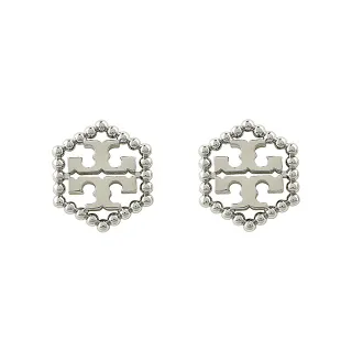 【TORY BURCH】TORY BURCH MILGRAIN HEX經典雙T滾邊圓珠六角形穿式耳環(銀)