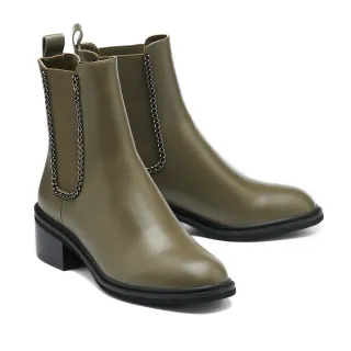【AS 集團】帥氣時髦鏈條拼接牛皮切爾西高跟短靴(綠)