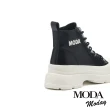 【MODA Moday】街頭感LOGO膠片牛皮綁帶高筒厚底休閒鞋(黑)