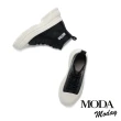 【MODA Moday】街頭感LOGO膠片牛皮綁帶高筒厚底休閒鞋(黑)