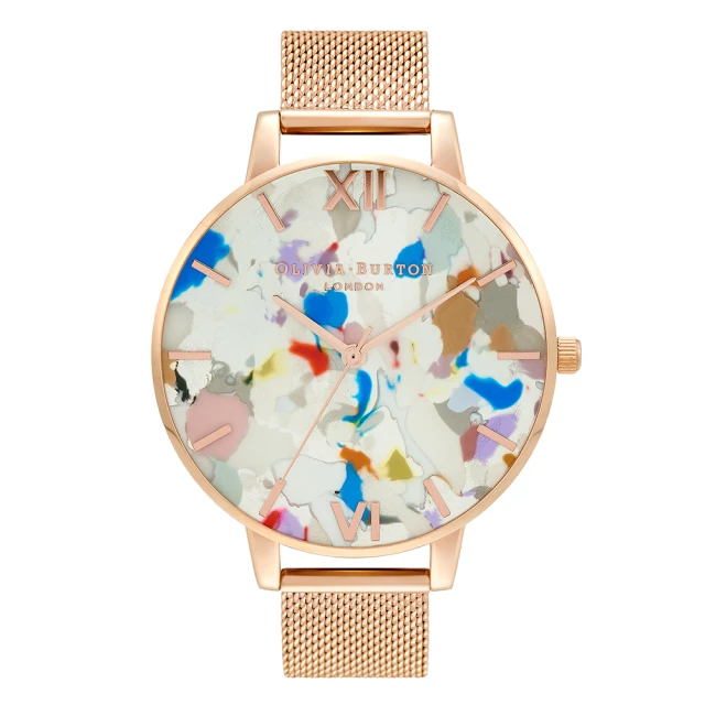 Olivia Burton POP ART-玫金殼太陽紋彩屑彩繪銀面紅色ECO帶腕錶搭玫金米蘭帶組 -38mm(OBGSET152)