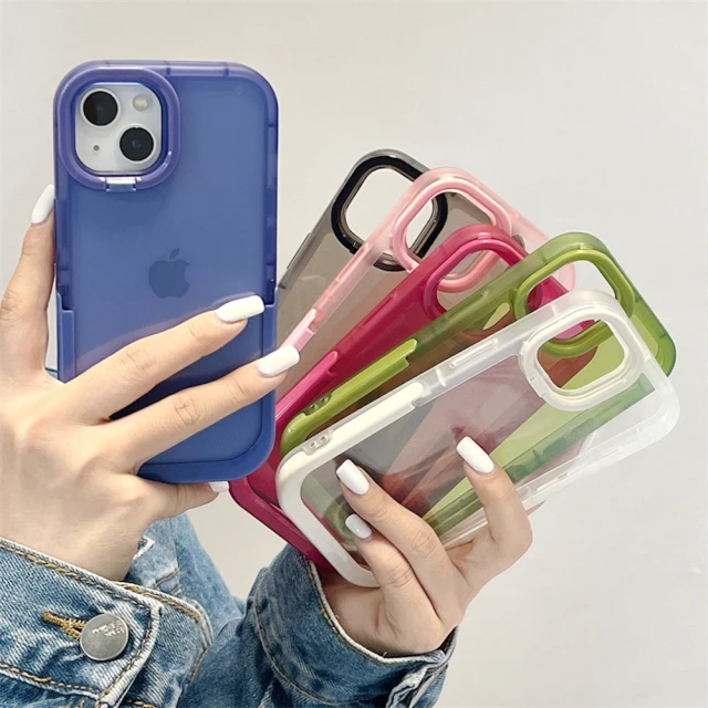 【LOYALTY】iPhone14Plus/14Pro/14ProMax純色透明鏡頭隱藏折疊支架手機保護殼 藍色