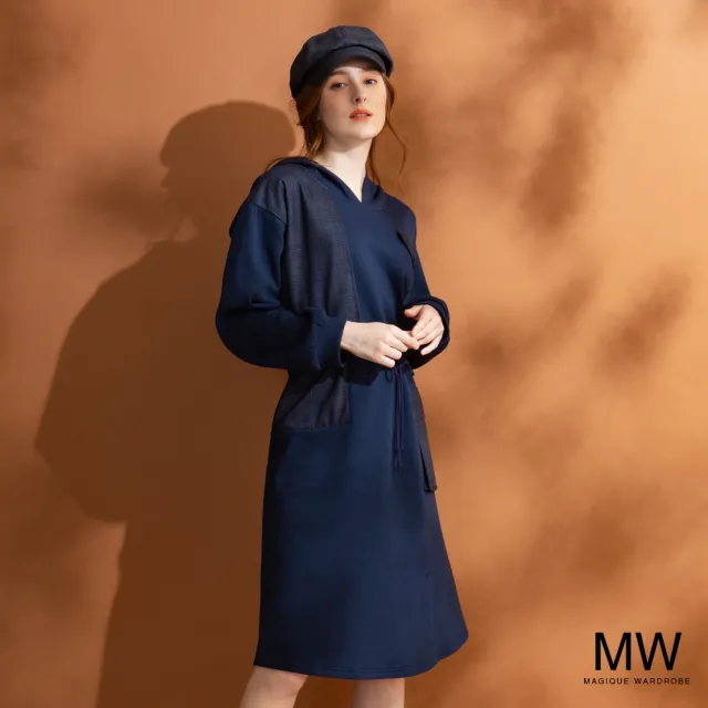 【MAGIQUE WARDROBE】連帽拼接格紋繫腰洋裝(2色)