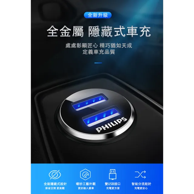 【Philips 飛利浦】DLP3520N 全金屬迷你車充(送A to L充電線200cm超值組)