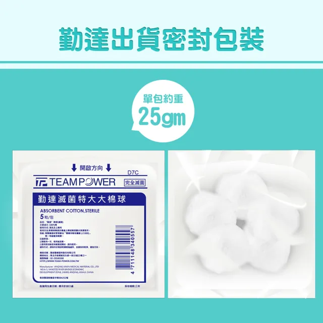【TEAMPOWER 勤達】醫療用滅菌款共20包/袋-25gm裝/包-特大大棉球-D7C(醫療用清洗上藥醫用棉花)
