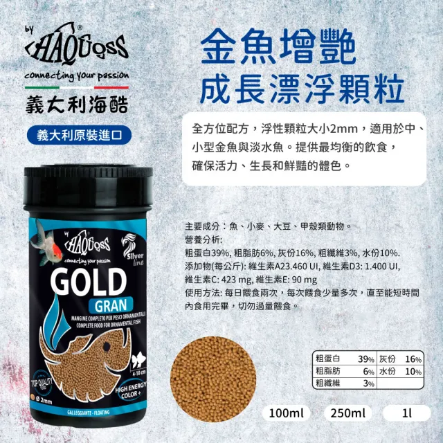 【HAQUOSS 義大利海酷】金魚增艷成長漂浮顆粒 100ml(適用中小型淡水魚 金魚 魚飼料)