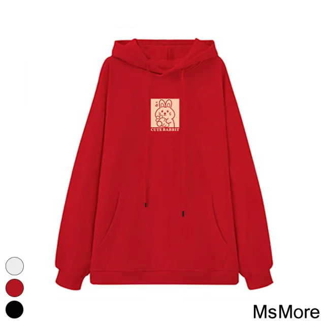 【MsMore】萌兔年新款紅色拜年連帽T長袖寬鬆中長上衣#115084(3色)