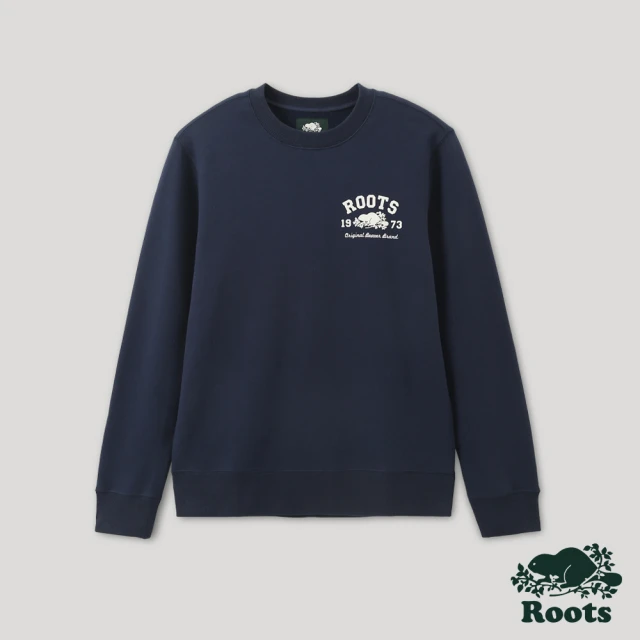 【Roots】Roots 男裝- 經典海狸系列 刷毛布圓領上衣(深藍色)