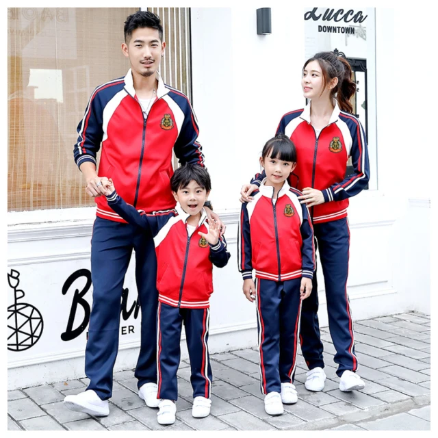 【AKids 小時光】親子款-紅藍白撞色親子運動服套裝(爸爸 M-3XL 媽媽 S-2XL 男童/女童100cm-160cm 版偏小)