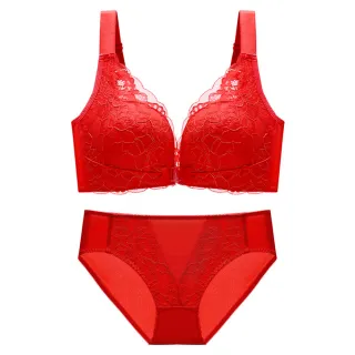 【Amhome】無鋼圈前扣內衣美背爆款甜美蕾絲大碼調整型胸罩開運新年發財紅內衣內褲2件套裝#114845(4色)