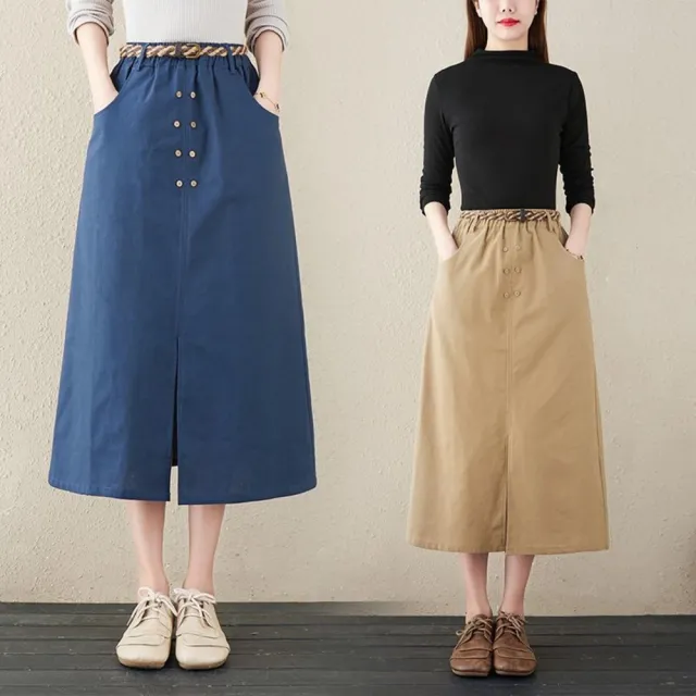 【漂亮小媽咪】春秋 小中大尺碼 鬆緊帶 半身裙 開叉 百搭半身 長裙 雙排
