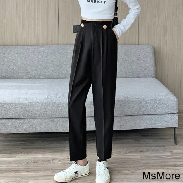 【MsMore】秋款寬版高腰金扣抗皺百搭直筒顯瘦寬鬆小腳休閒黑色西裝九分褲#113970現貨+預購(黑色)