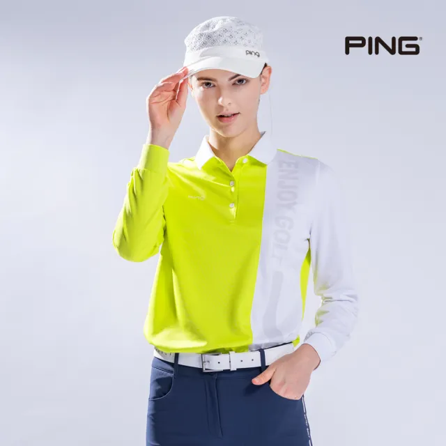 【PING】女款異色剪接薄長袖POLO衫-黃綠(吸濕排汗/GOLF/高爾夫球衫/RA22202-43)