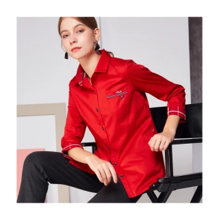 【LUNG.L 林佳樺】LL31A#紅色搭配格紋長袖棉質襯衫式薄外套(女裝)