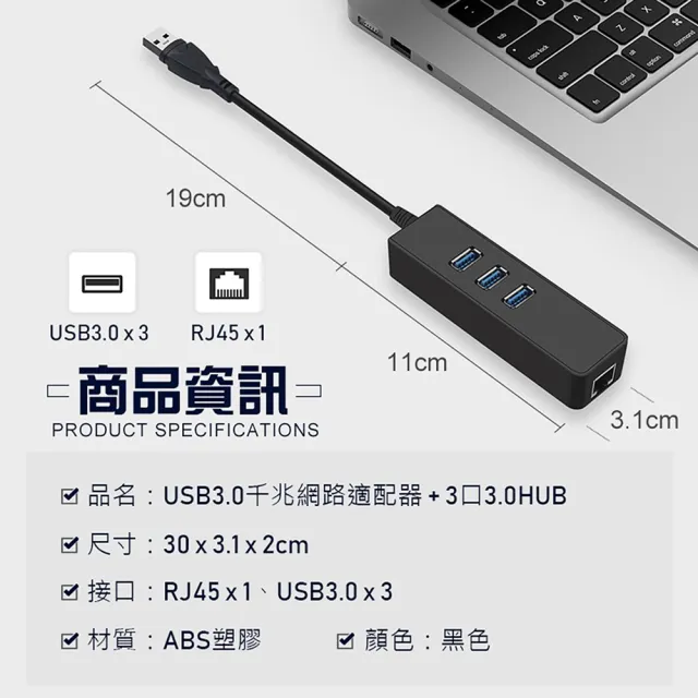 USB3.0千兆網路適配器+3口3.0HUB(高速傳輸擴充集線器 RJ45轉接 usb網路擴充 網路線轉接頭)