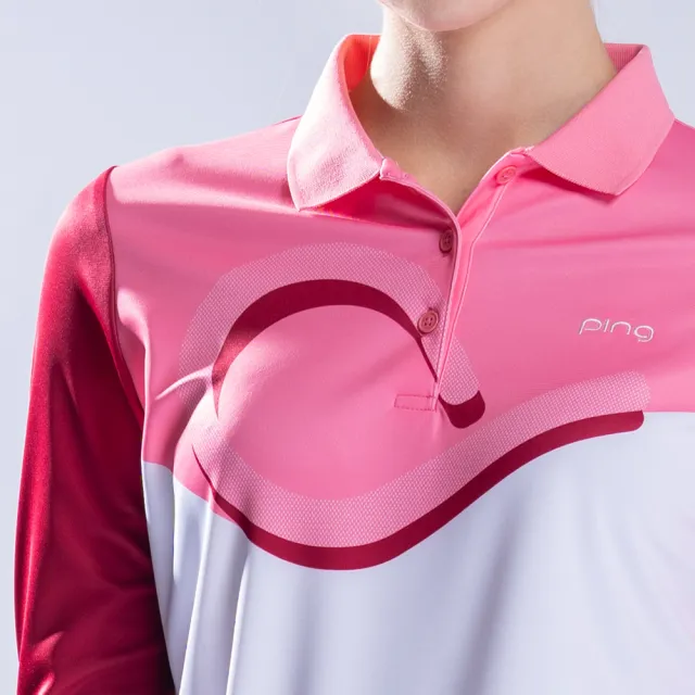 【PING】女款曲線印花剪接薄長袖POLO衫-紅(吸濕排汗/抗UV/GOLF/高爾夫球衫/RA22208-17)