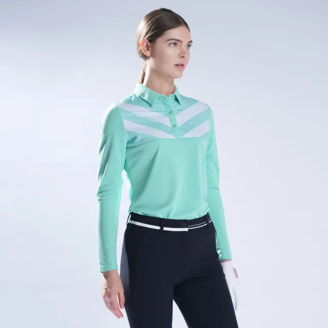 【PING】女款V字網點印條紋長袖POLO衫-綠(吸濕排汗/抗UV/GOLF/高爾夫球衫/RA22207-45)