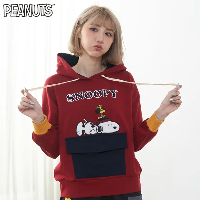 【SNOOPY 史努比】史努比可愛大口袋女版帽T(深藍/酒紅)