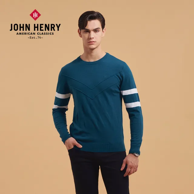 【JOHN HENRY】雙v車線長袖針織衫-藍色
