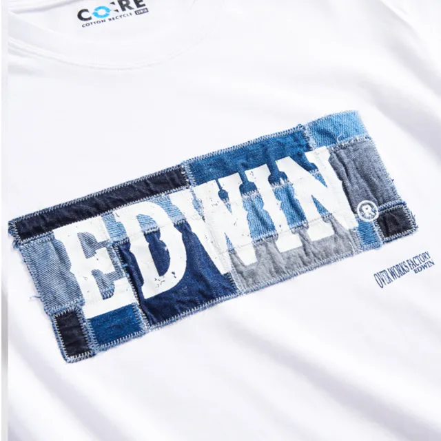 【EDWIN】男裝 再生系列 牛仔拼接印花LOGO長袖T恤(白色)