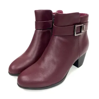 【DN】短靴_質感真皮簡約金屬方釦粗跟短靴(紅)