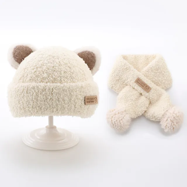 【midou】可愛小熊耳朵柔軟保暖毛帽圍巾組(兒童毛圈帽 寶寶保暖帽 寶寶毛線帽 兒童帽子 兒童圍巾)
