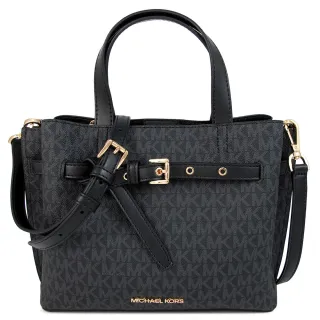 【Michael Kors】金字LOGO滿版防刮腰帶扣環扣三層兩用手提x斜背包(黑色)